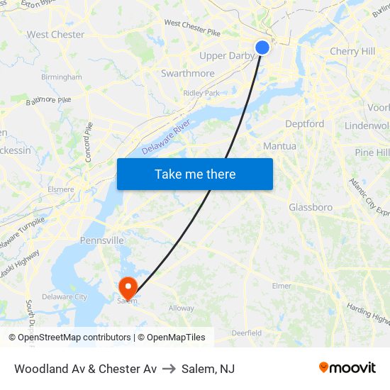 Woodland Av & Chester Av to Salem, NJ map