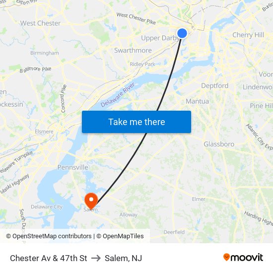 Chester Av & 47th St to Salem, NJ map