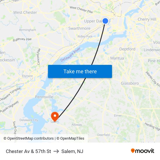 Chester Av & 57th St to Salem, NJ map