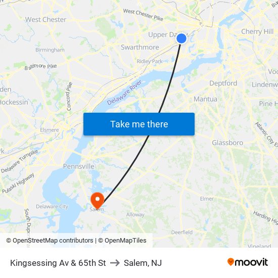 Kingsessing Av & 65th St to Salem, NJ map