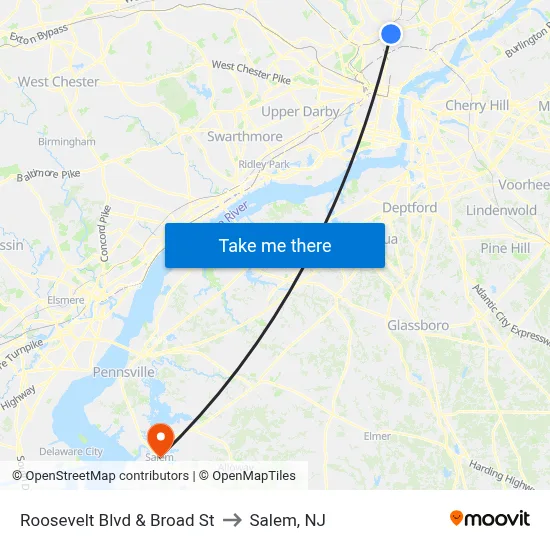 Roosevelt Blvd & Broad St to Salem, NJ map