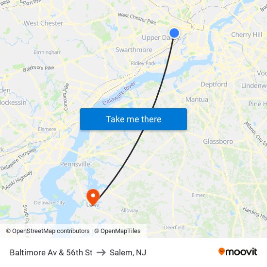 Baltimore Av & 56th St to Salem, NJ map