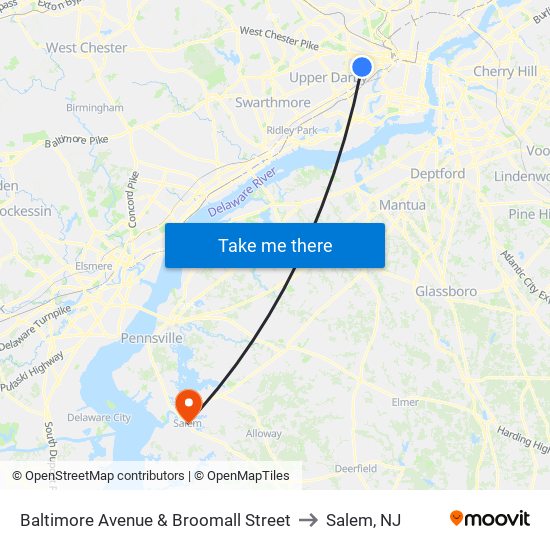 Baltimore Avenue & Broomall Street to Salem, NJ map