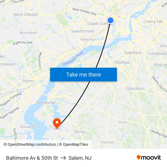 Baltimore Av & 50th St to Salem, NJ map