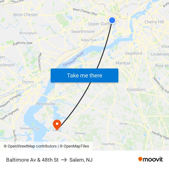 Baltimore Av & 48th St to Salem, NJ map