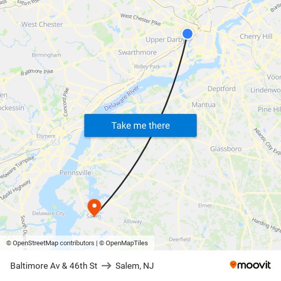 Baltimore Av & 46th St to Salem, NJ map