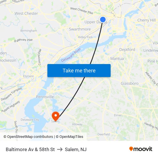 Baltimore Av & 58th St to Salem, NJ map