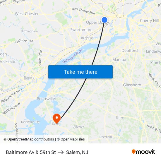 Baltimore Av & 59th St to Salem, NJ map