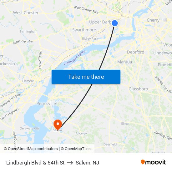 Lindbergh Blvd & 54th St to Salem, NJ map