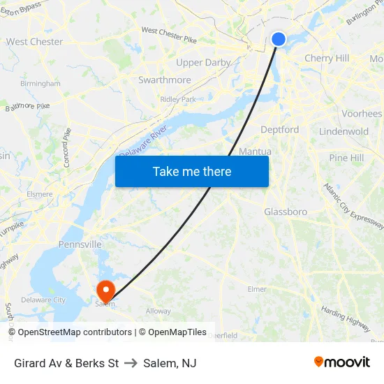 Girard Av & Berks St to Salem, NJ map