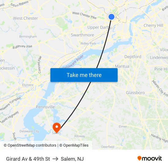 Girard Av & 49th St to Salem, NJ map