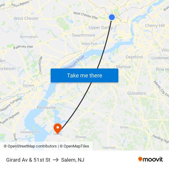 Girard Av & 51st St to Salem, NJ map