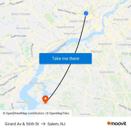 Girard Av & 56th St to Salem, NJ map