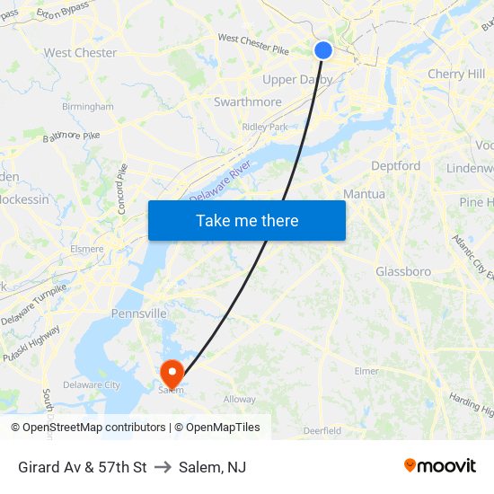 Girard Av & 57th St to Salem, NJ map