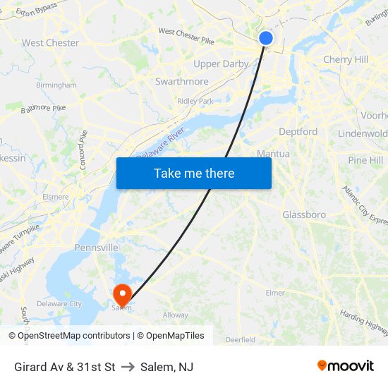 Girard Av & 31st St to Salem, NJ map