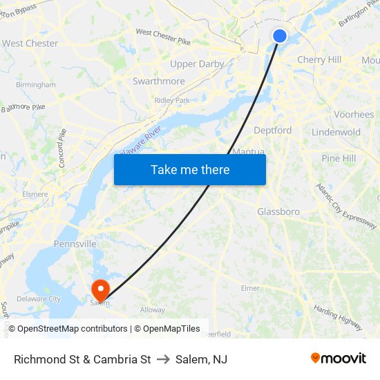 Richmond St & Cambria St to Salem, NJ map