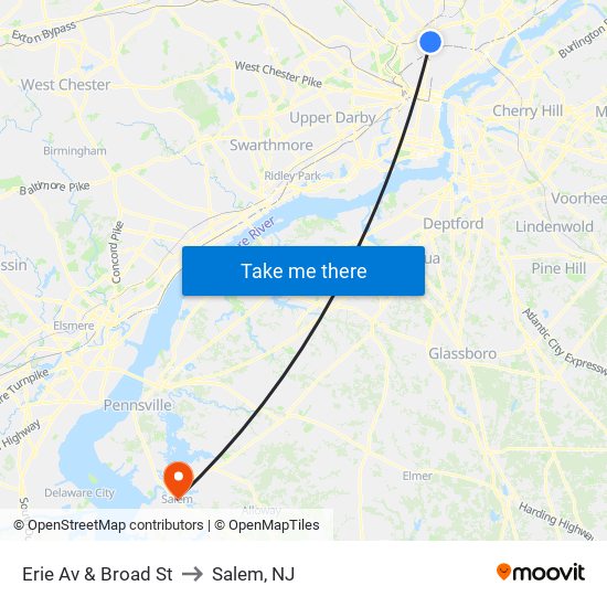 Erie Av & Broad St to Salem, NJ map
