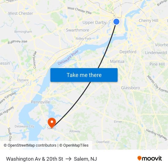 Washington Av & 20th St to Salem, NJ map