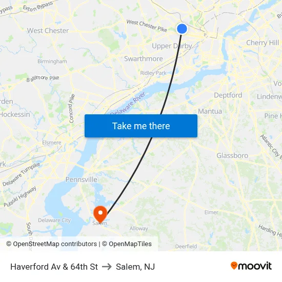 Haverford Av & 64th St to Salem, NJ map