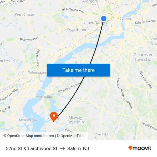 52nd St & Larchwood St to Salem, NJ map