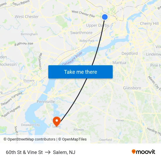 60th St & Vine St to Salem, NJ map
