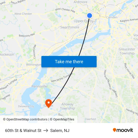 60th St & Walnut St to Salem, NJ map
