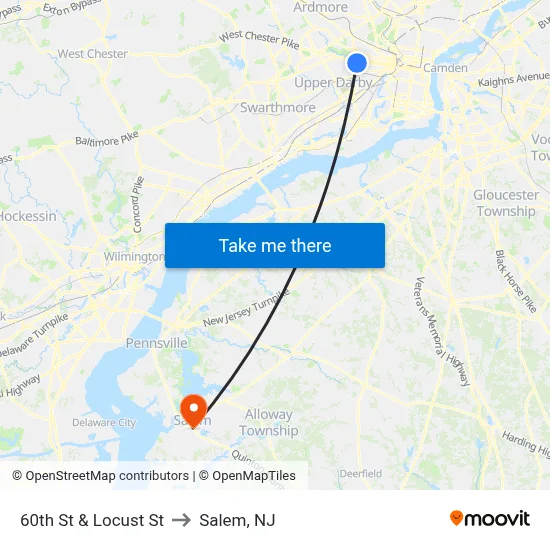 60th St & Locust St to Salem, NJ map