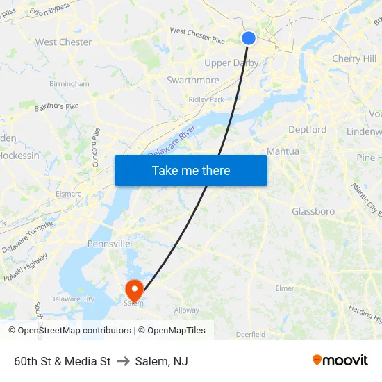 60th St & Media St to Salem, NJ map