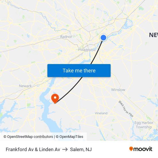 Frankford Av & Linden Av to Salem, NJ map