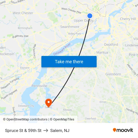 Spruce St & 59th St to Salem, NJ map