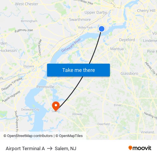 Airport Terminal A to Salem, NJ map