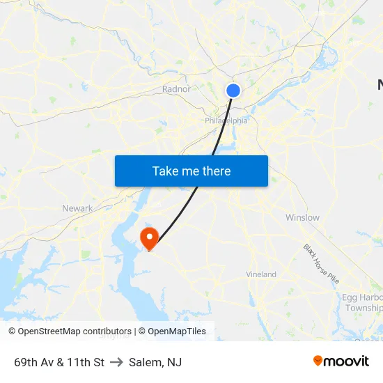 69th Av & 11th St to Salem, NJ map