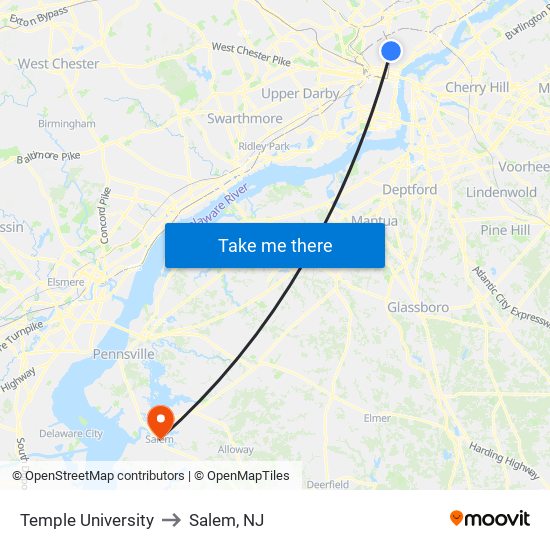 Temple University to Salem, NJ map