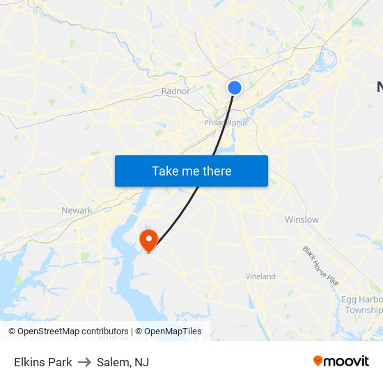 Elkins Park to Salem, NJ map