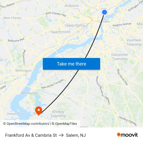 Frankford Av & Cambria St to Salem, NJ map
