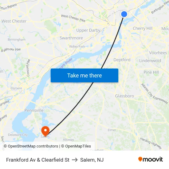 Frankford Av & Clearfield St to Salem, NJ map