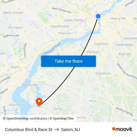Columbus Blvd & Race St to Salem, NJ map