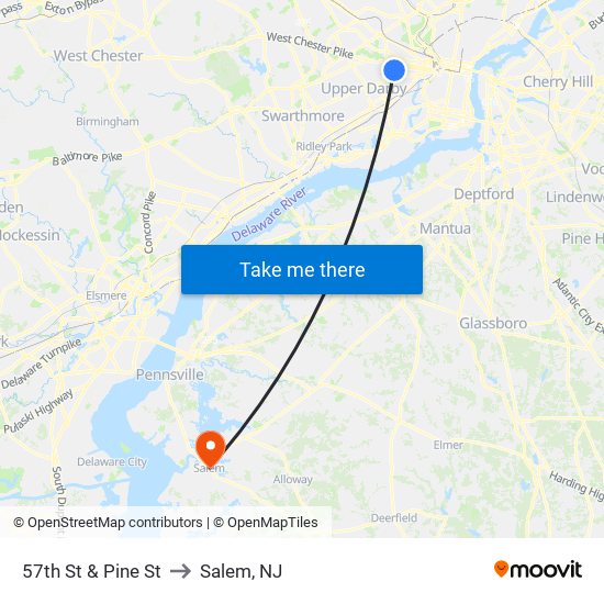 57th St & Pine St to Salem, NJ map