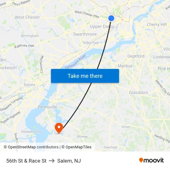 56th St & Race St to Salem, NJ map