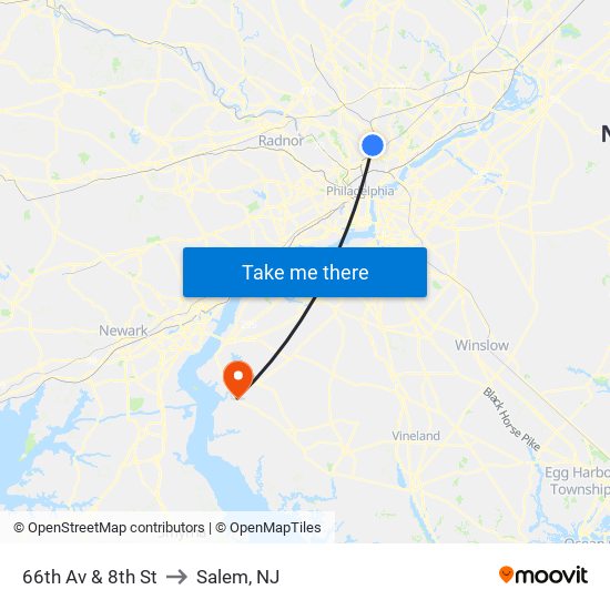 66th Av & 8th St to Salem, NJ map