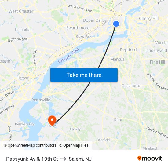 Passyunk Av & 19th St to Salem, NJ map