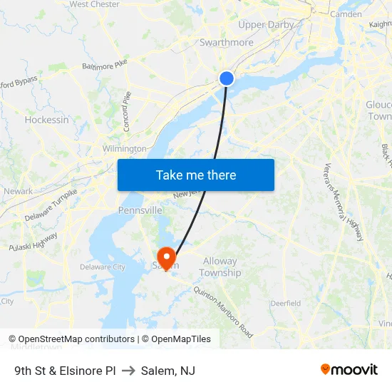 9th St & Elsinore Pl to Salem, NJ map