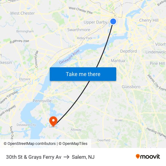 30th St & Grays Ferry Av to Salem, NJ map