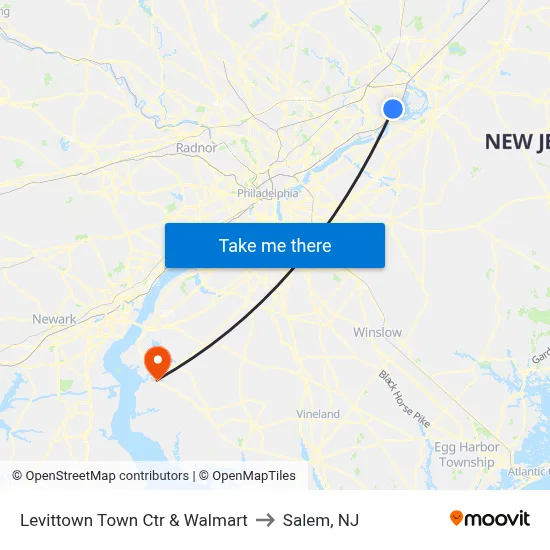Levittown Town Ctr & Walmart to Salem, NJ map