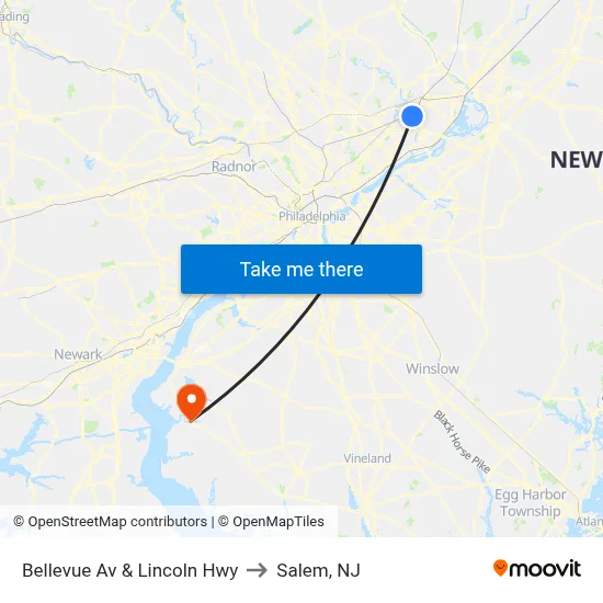 Bellevue Av & Lincoln Hwy to Salem, NJ map