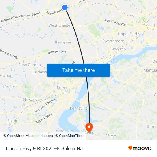 Lincoln Hwy & Rt 202 to Salem, NJ map