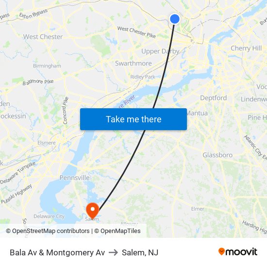 Bala Av & Montgomery Av to Salem, NJ map