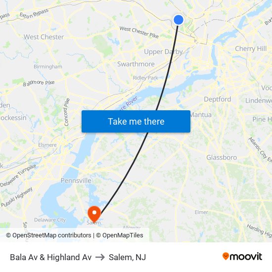 Bala Av & Highland Av to Salem, NJ map