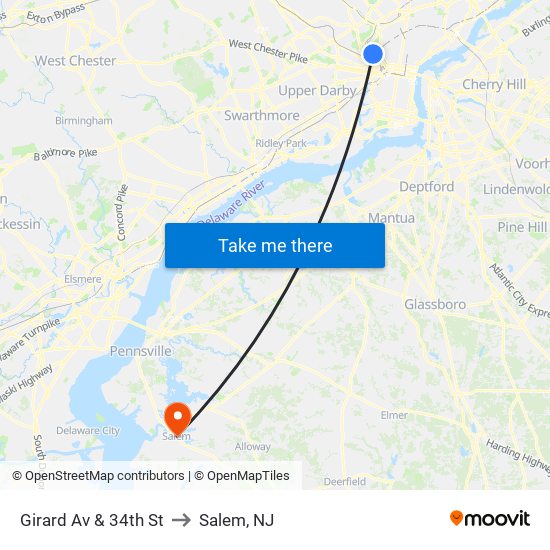 Girard Av & 34th St to Salem, NJ map
