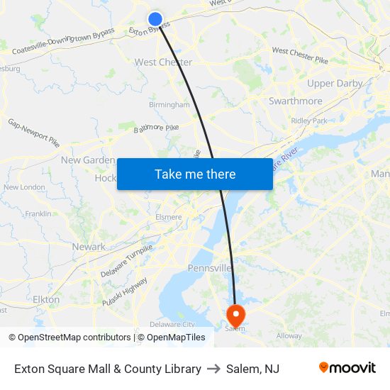 Exton Square Mall & County Library to Salem, NJ map
